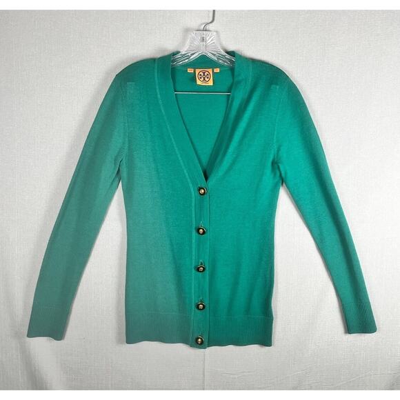 Tory Burch Size XS Green Wool Cardigan Sweater V Neck Button Down Gold Logo READ - Picture 1 of 9